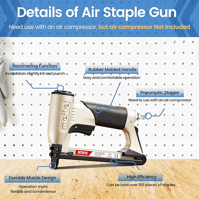 meite Pneumatic Upholstery Staple Gun for 21 Gauge 1/2-Inch Crown Staples, Heavy-Duty Stapler Gun for Woodworking, Carpentry, and DIY Projects (Model MT8016)