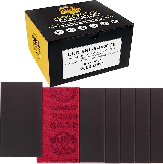 Dura-Gold 2000 Grit 5" x 2-3/4" Sanding Sponges, Box of 20 - Performance Hook & Loop Wet or Dry Flexible Sandpaper Sponge Pads - for Hand Sanding Blocks, Palm Sanders - Polish Metal, Auto Paint, Wood