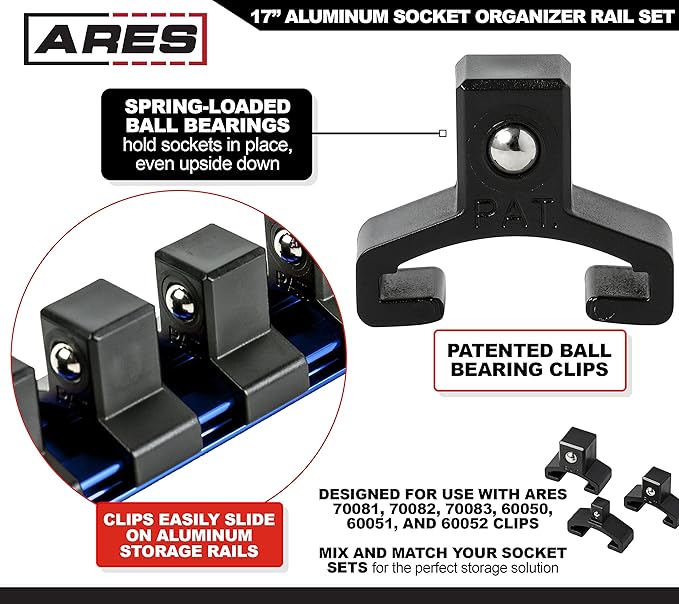 ARES 60125-3-Piece Blue 17-Inch Aluminum Socket Rail Set with Locking End Caps - Includes 1/4-Inch, 3/8-Inch, and 1/2-Inch Drive Rails - Each Aluminum Rail Stores up to 16 Sockets