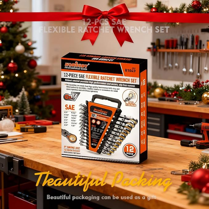HORUSDY 12-Piece SAE Flex-Head Ratcheting Wrench Set with Organizer | 1/4??to 7/8??Ratchet Combination Wrenches Set | 72-Teeth | Chrome Vanadium Steel