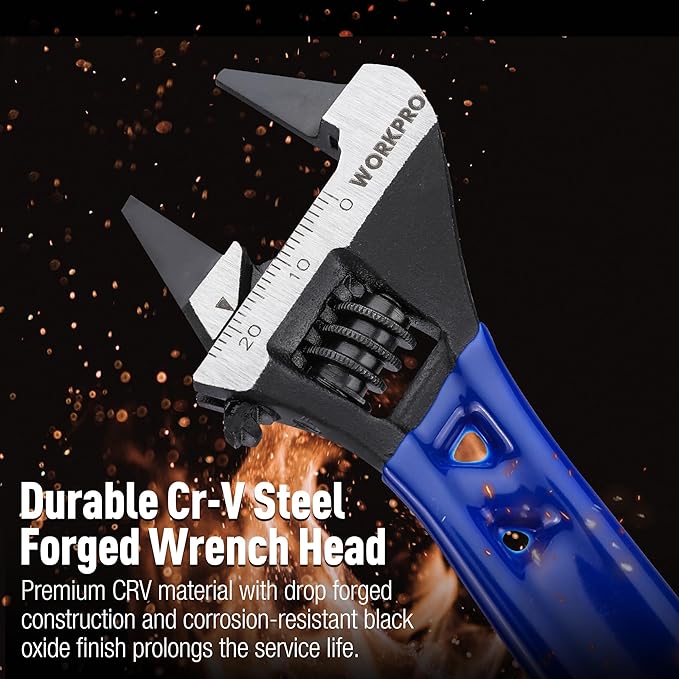 WORKPRO 4-Inch Thin Jaws Stubby Wide Opening Adjustable Wrench, Small Adjustable Wrench with 2mm Slim Jaws for Easy Access to Tight Spaces, Metric/SAE Scales, Cr-V Steel