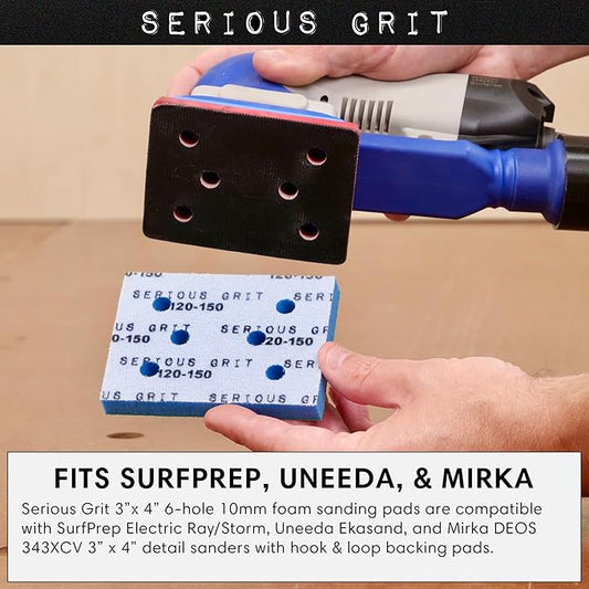 Serious Grit - 3" x 4" Foam Sanding Pads - P150-180 Med Fine Finish Grit - 10mm Medium Density Foam - Hook & Loop Backing - Fits SurfPrep, Uneeda Ekasand & Mirka 3x4 Sanders ??Made in USA ??10 Pack