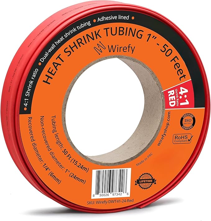 Wirefy 1" Heat Shrink Tubing - Large Diameter - 4:1 Ratio - Adhesive Lined - Industrial Heat-Shrink Tubing - 50 Feet Roll - Red