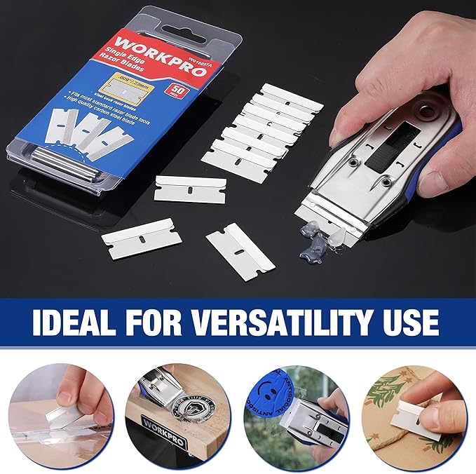 WORKPRO 50-Pack Single Razor Edge Blades, Industrial Scraper Razor Blades, High Carbon Steel One Edge Razor Blades