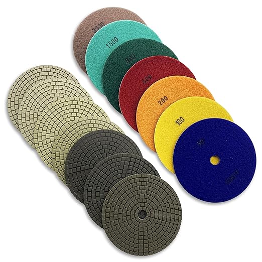 7" High Performance Dry Stone/Concrete Polishing Pads Set (50, 100, 200, 400, 800, 1500, 3000 Grit), 2.2mm Segment Height, Turbo Style for Granite, Engineering Stone and Concrete Counter Tops.