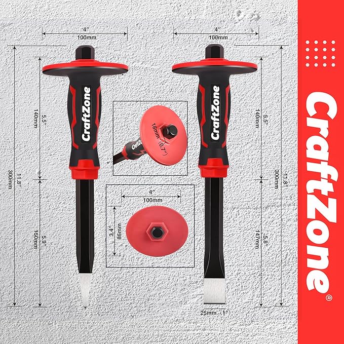 Masonry Chisel Set - 2-Piece Heavy Duty Pointed & Flat Rock Chisels, Concrete Stone Chisel with Hand Protection for Brick Breaking Carving Splitting Cutting Mason Tools