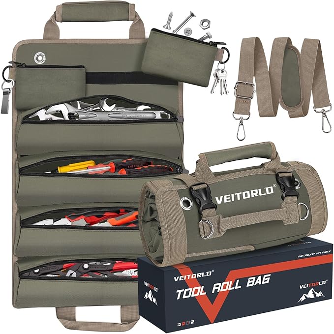 Tool Roll Up Bag, Gifts for Him Men Dad Husband Boyfriend Valentines Day, Portable Tools Box Storage for Men, Heavy Duty Tool Organizer W/Detachable Pouches for Electrician Mechanic Carpenter