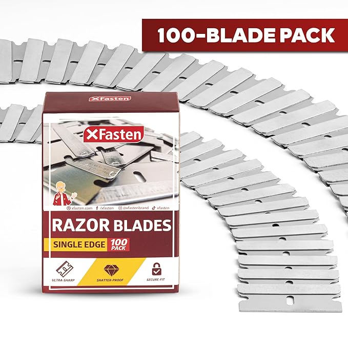 XFasten Single Edge Razor Blades for Scraping (100-Pack) Heavy-duty Flat Razor Blade Scraper for Box Cutter Refills Straight High Carbon Steel Replacement Paint Scraper Refill for Utility Box Cutters