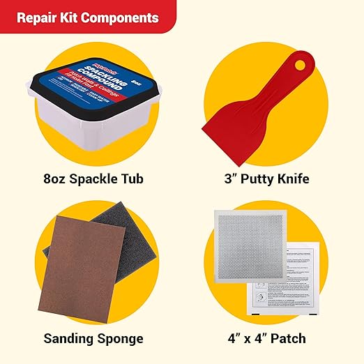 MaxPatch짰 Drywall Repair Kit, 4-Piece Set ??Includes Self-Adhesive Aluminum Patch, 8 oz Spackle, 100% Recycled 3" Putty Knife, and Sanding Sponge ??Multi-Purpose Wall Repair for Drywall, Plaster