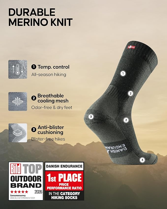 DANISH ENDURANCE Merino Wool Hiking Crew Socks for Men & Women, Cushioned Anti-Blister, Breathable - 3 Pairs