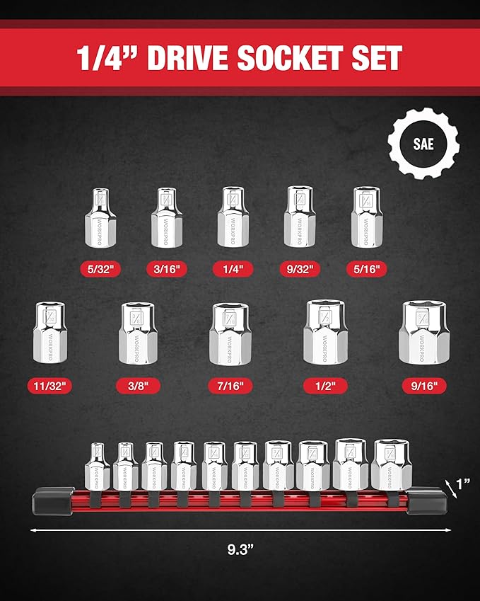 WORKPRO 1/4" Drive Socket Set, 10-Piece SAE CR-V Socket Set with Sturdy Socket Organizer, 6-Point Standard & Shallow Sockets 5/32" to 9/16", External Hex Socket Set with Socket Rail for Anti Rolling