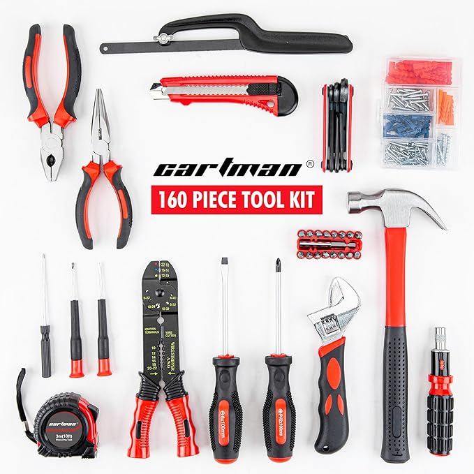 CARTMAN 160 Piece General Household Hand Tool Set Kit with Plastic Toolbox Electricians Tools