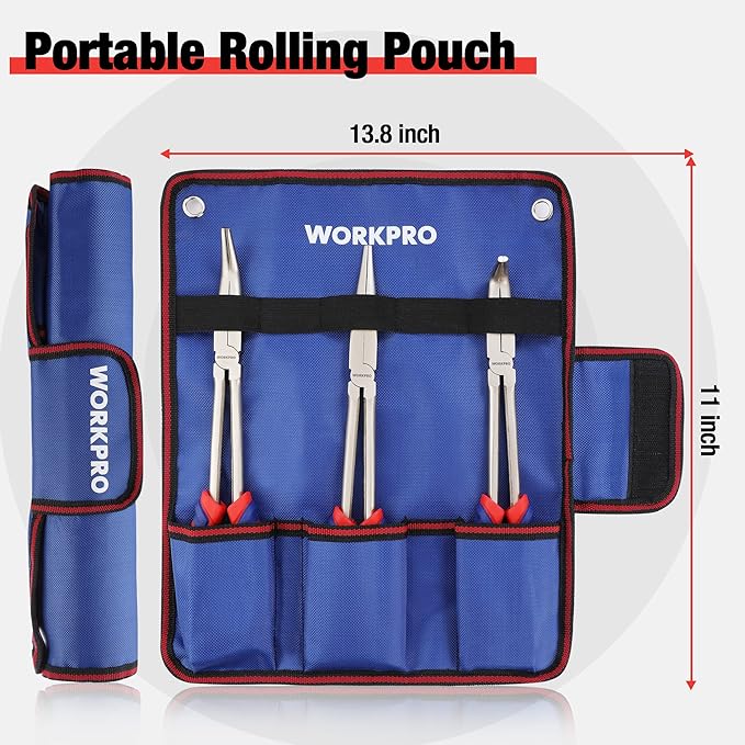 WORKPRO 3PC Long Reach Pliers Set, 11 Inch Extra Long Needle Nose Plier Set Includes Straight, 90째 & 45째 Bent Nose Plier, Pliers Tool Set for Narrow Spaces