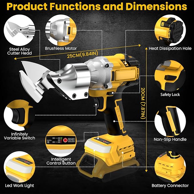 Cordless Metal Shear Compatible with De-Walt 20V Max Battery, Electric Brushless Sheet Metal Scissors for Cutting Stainless Sheet, Iron, Carpet, Leather, Cardboard (NO Battery)