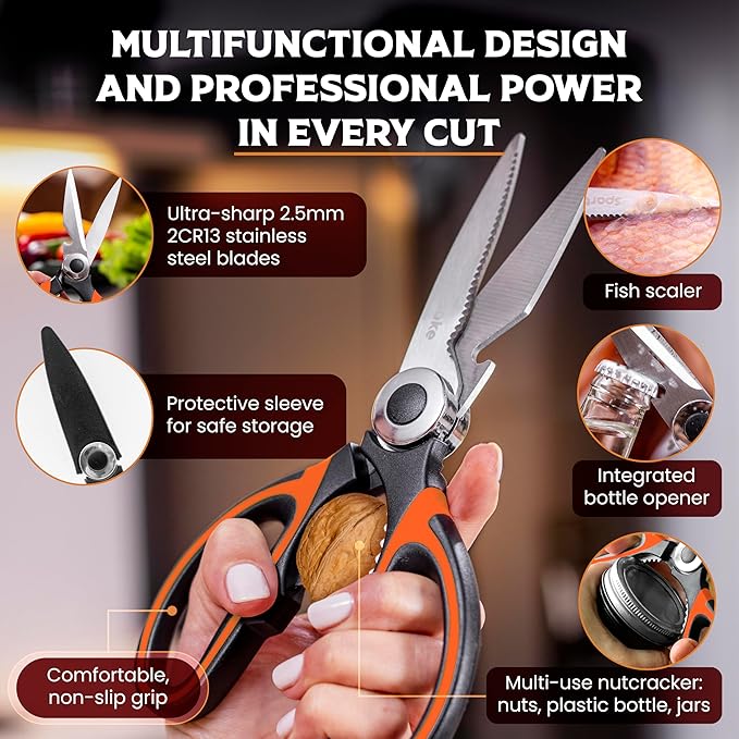 SpartaSake Kitchen Shears (2 Pack) ??Heavy-Duty Stainless Steel Scissors ??Multipurpose Utility for Food Prep & Home Use (Black-Orange)