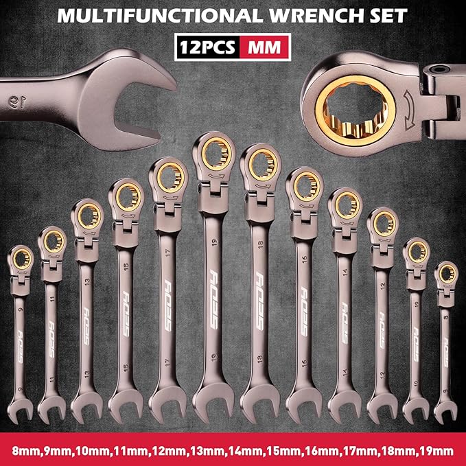 SEDY Premium 12-Piece Metric Flex-Head Ratchet Wrenches Set 8-19mm with Magnetic Organizer, Cr-V Steel Ratcheting Wrench Set with 72 Teeth 180째 Flex Head, Ratchet Combination Wrench Set for Repair