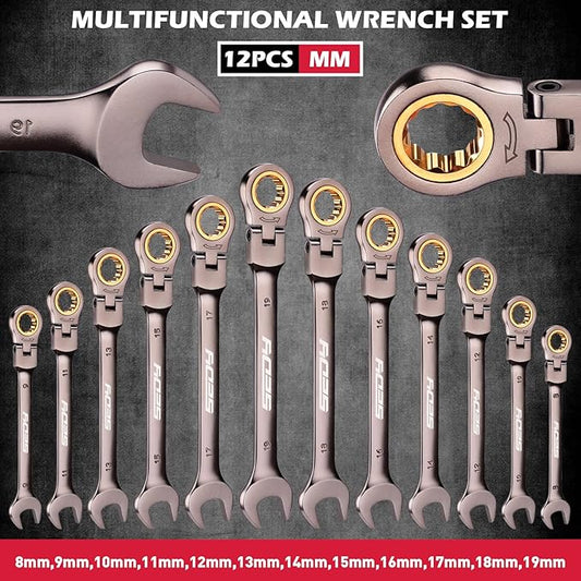 SEDY Premium 12-Piece Metric Flex-Head Ratchet Wrenches Set 8-19mm with Magnetic Organizer, Cr-V Steel Ratcheting Wrench Set with 72 Teeth 180째 Flex Head, Ratchet Combination Wrench Set for Repair
