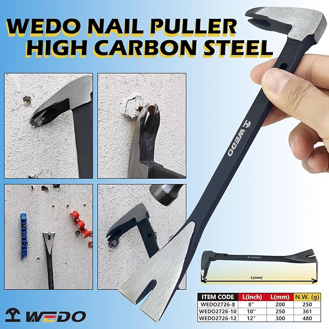 WEDO Pry Bar,10" Nail Puller,High Carbon Steel Crowbar,V Type Cats Paw Nail Remover,Utility Claw Bar Tool for Home Remolding,Woodworking