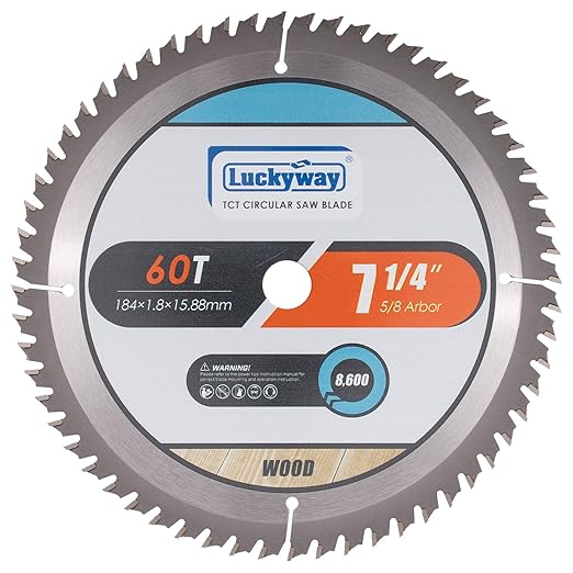 Luckyway 7-1/4 Inch Circular Saw Blade 60T Finish with 5/8 Inch Arbor TCT (Tungsten Carbide Tipped) Saw Blade for Cutting Wood