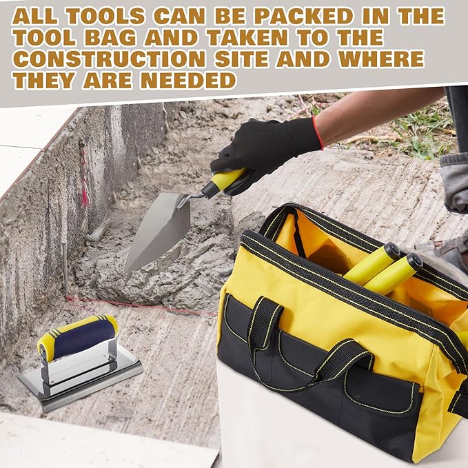 18 Pcs Masonry Hand Tool Set in Tool Bag Includes 6 Pcs Trowel Set Wooden Sanding Board Stainless Steel Putty Knife Brush Rebar Hook Masonry Kit Rubber Gloves Construction Wire (Yellow)