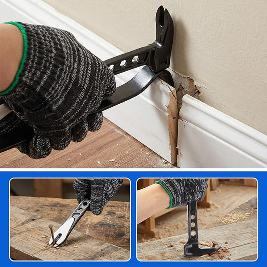 6 Pcs Pry Bar Set, 10" Paw Nail Puller, 7" and 9" Flat Claw Pry Bars, 8 Inch End Cutting Pliers, 8 oz Claw Hammer with Gloves, Utility Bar Set for Baseboard, Floor, Nails Removal