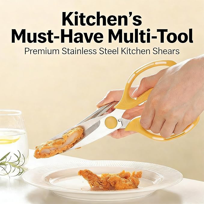 Kitchen Shears Scissors Food Scissors, 8-in-1 Multifunction Japanese Stainless Steel Meat Shears, Dishwasher Safe Sharp Shear All Purpose with Comfort Grip, Ideal for Everyday Use-Yellow