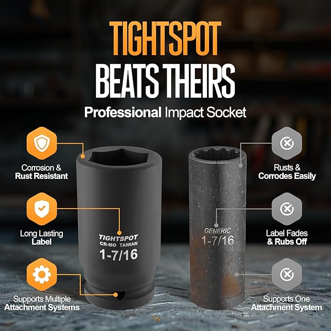 TIGHTSPOT 3/4" Drive 1-7/16 Inch SAE Deep Impact Socket Heavy Duty CR-MO Jumbo Socket 6 Point Automotive Truck and Heavy Equipment Repair