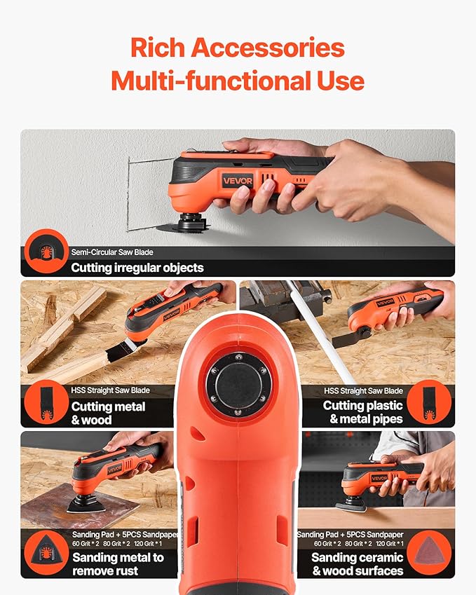 VEVOR Cordless Oscillating Tool, 12V Multitool Oscillating Saw Tool with 6 Variable Speeds 6000-17500 OPM, 3.2째 Oscillation Angle, 2.0Ah Battery Pack & Charger, 8PCS Saw Accessories & LED Work Light