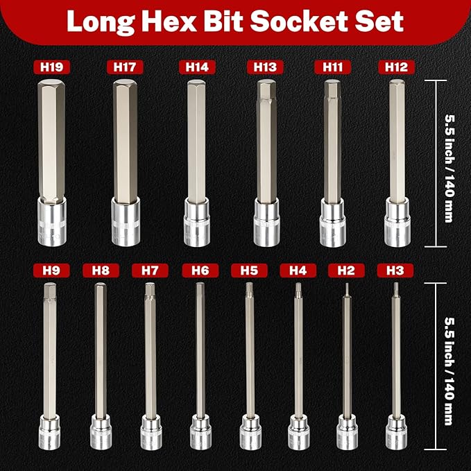 TOMMARS 15-PC Metric Long Hex Bit Socket Set, Extra Long Socket Set S2 Alloy Steel 3/8", 1/2" Drive, H2 - H19.
