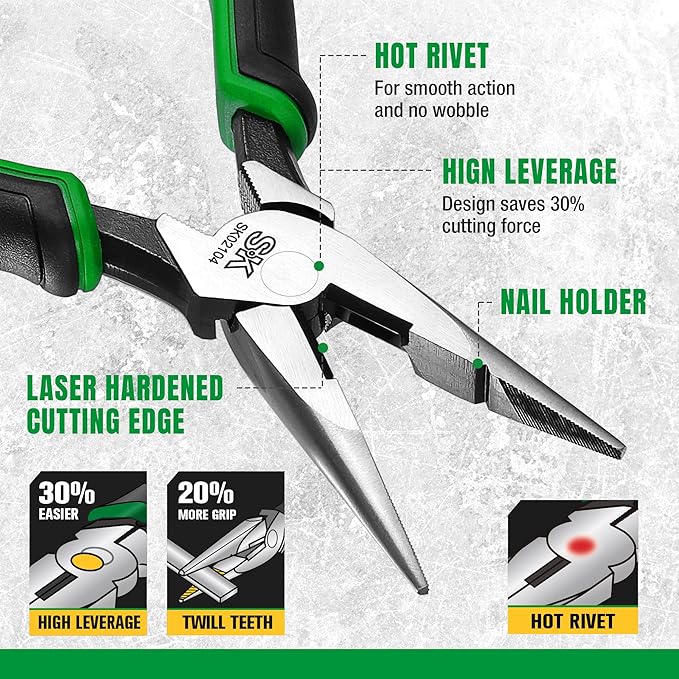SK 8-Inch Long Nose Pliers, Needle Nose Pliers, High Carbon Steel, Ergonomic Anti-slip Handle for Comfortable Grip