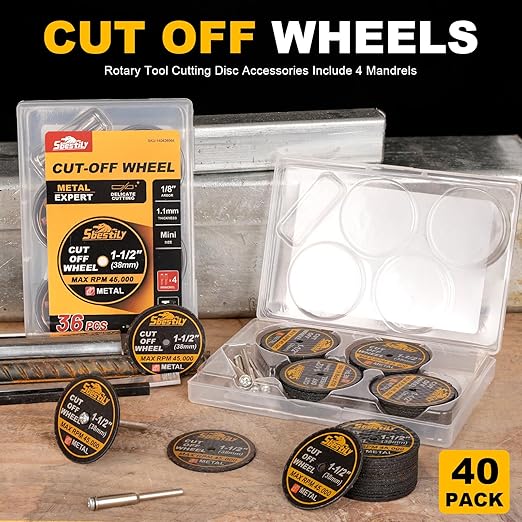 1-1/2 Cut Off Wheels 40 Pack, 1.5" x 1/8" Fiberglass Reinforced Cutting Discs Rotary Tool Accessories Kit with 4 Mandrels, for Cutting Metal, Bolts, Screws
