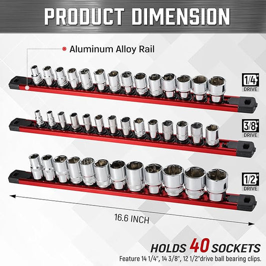 ALOANES 3-Piece Magnetic Socket Organizer, Heavy Duty Aluminum Socket Rails Organizer, 360째 Swivel Clips Socket Rail Set For Sockets Storage, 1/2, 3/8, 1/4-Inch Socket Holder x 40 Clips (Red)