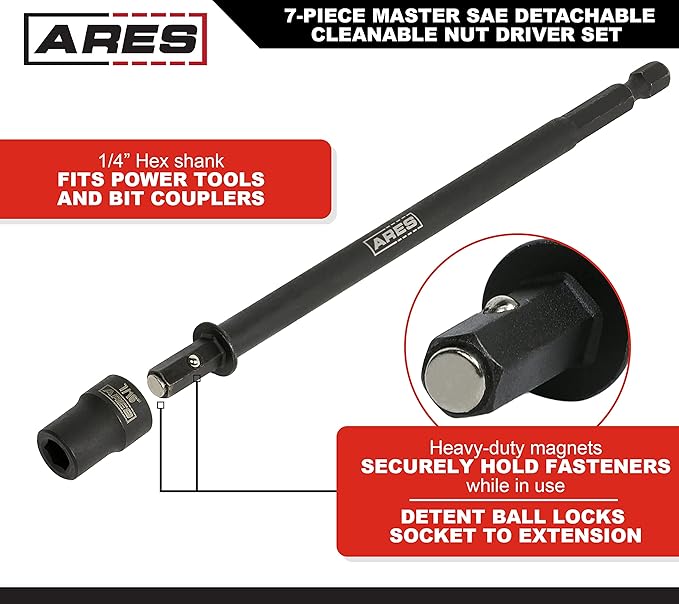 ARES 27086 ??Nut Driver Set ??SAE Magnetic 7-Piece ??Detachable and Cleanable ??Radial 6 Point Drive Sockets Load on Flats - Removable Socket Ends for Easy Cleaning ??Heavy Duty CR-V Steel