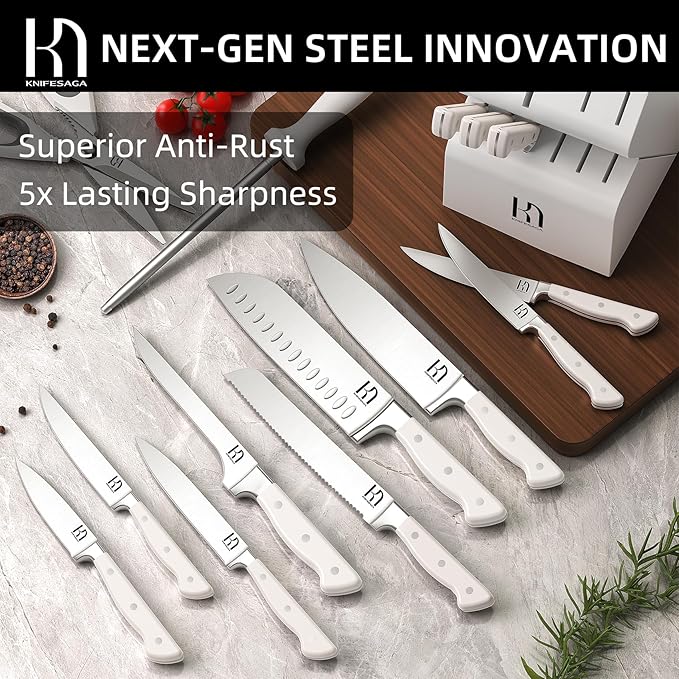 KnifeSaga Kitchen Knife Block Set, 15-Piece Enduring Ultra Sharp Knife Set, Japanese High Carbon Stainless Steel, Premium Forged Knives for Kitchen and Professional Chefs, White