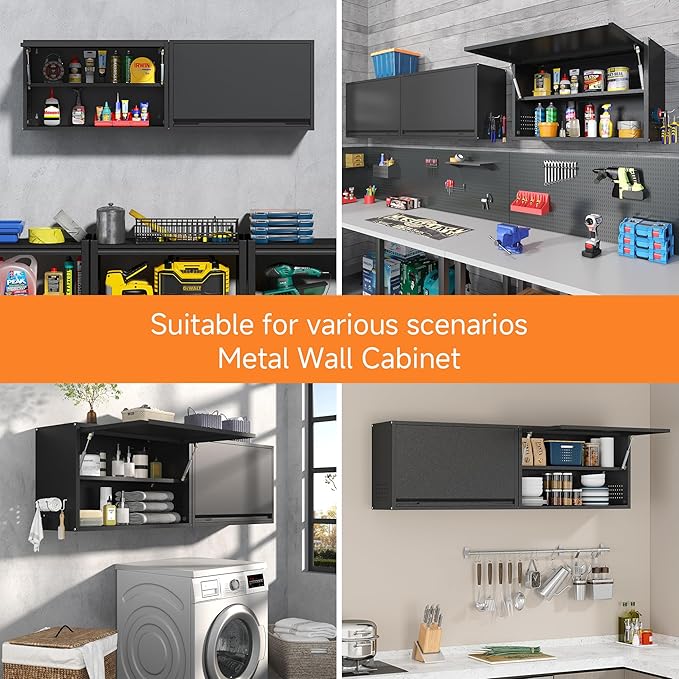 Coolsun Metal Wall Cabinet, Garage Wall Cabinet with Up-Flip Door, 19.7" H Wall Mounted Metal Storage Cabinet for Kitchen,Garage,Basement,Ware House Assembly Required (Black 19.7" H)