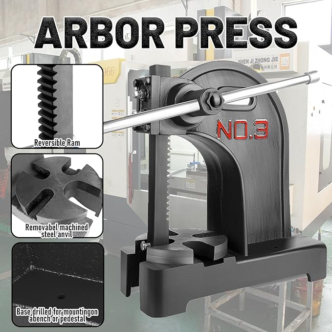 3 Ton Manual Arbor Press with 3 Drift, 12" Maximum Height Cast Iron Hand Press, Manual Desktop Arbor Press, Bench Press for Stretching Deforming Stamping Bending (Black, 3 TON)