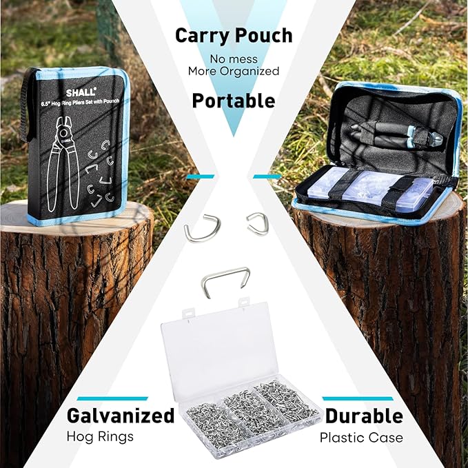 SHALL Bent Hog Ring Pliers Kit with 600pcs Galvanized Hog Rings (3/8?쇺? 1/2?쇺? 3/4?쇺? for Upholstery, Fence, Animal Pet Cages, Bungee Cords, Bagging, Protective Gloves, Storage Case & Bag Included