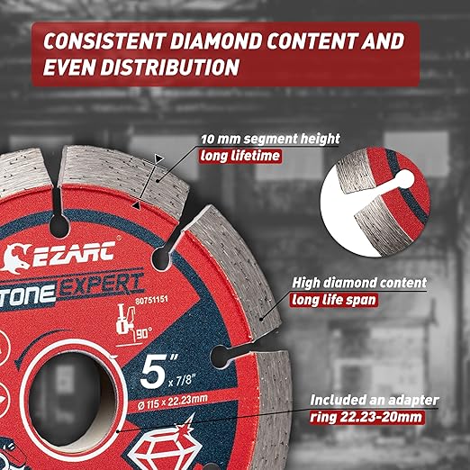 EZARC 5 inch Segmented Diamond Blade, Diamond Cutting Wheel for Angle Grinder Stone Master, 5" Stone Blade for Cutting Concrete Granite Masonry Brick, 7/8"-20mm-5/8 Arbor (2-Pack)
