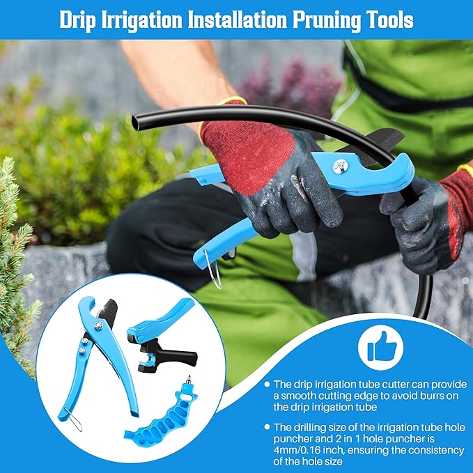 Feekoon Drip Irrigation Punch Hole Tubing Cutter Tools with Barbed Connectors, 2-in-One Drip Tubing Hole Punch for 1/4 Inch Fitting 16 20 25 mm PE Pipe and Emitter(115 Irrigation Plugs)