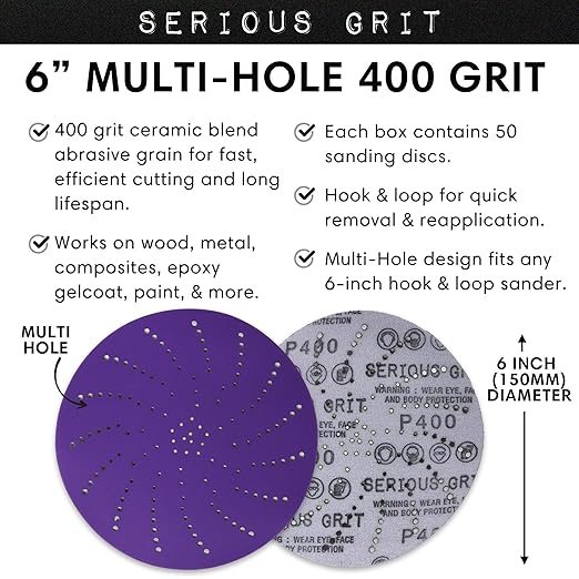 Serious Grit 6-Inch 400 Grit Ceramic Multi-Hole Hook & Loop Sanding Discs - Advanced Grain for Fast Cutting & Long Life - Film-Backed Universal Fit Sandpaper for 6-in Sanders - 50 Pack Box