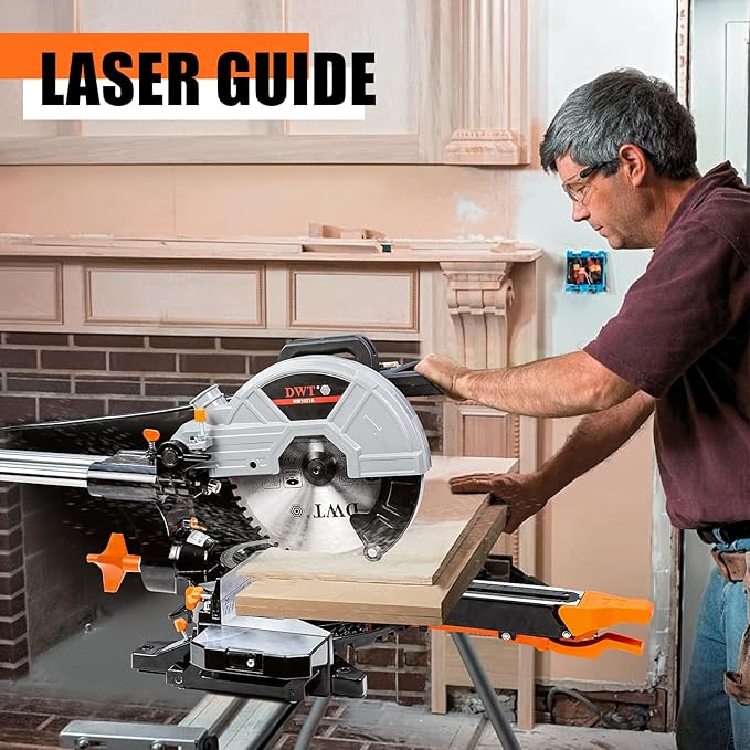 DWT Sliding Compound Miter Saw with 3 Blades, 15A 10", Double Speed (4500 RPM & 3200 RPM), Bevel Cut (0°-45°) with Laser, Extension Table, Iron Blade Guard, Cutting Wood, PVC or Soft Metal