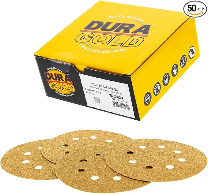 Dura-Gold Premium 60 Grit 5" Sandpaper Discs, 8 Hole Pattern Dustless, 50 Discs - Hook & Loop Backing for Orbital DA Sander, Detailing Finishing Color Sanding Automotive Paint Woodworking
