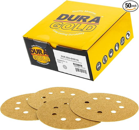 Dura-Gold Premium 60 Grit 5" Sandpaper Discs, 8 Hole Pattern Dustless, 50 Discs - Hook & Loop Backing for Orbital DA Sander, Detailing Finishing Color Sanding Automotive Paint Woodworking