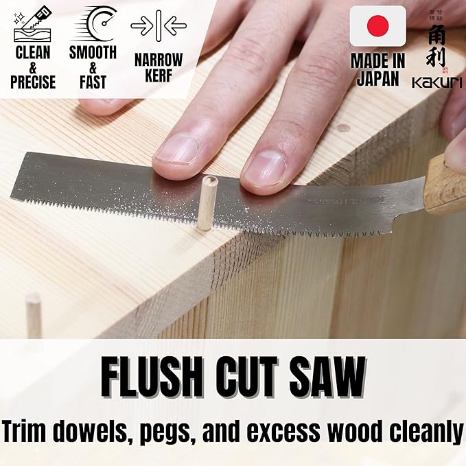 KAKURI Mini Flush Cut Saw 5" - Japanese Pull Saw with Flexible Blade for Woodworking, Trimming Dowels, Pegs & Wedges - Made in Japan