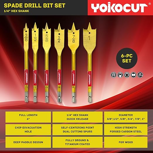 Spade Drill Bit Set, 6PCS Paddle Bits Set, 3/8"-1" Spade Bits with 1/4 Hex Shank, Wood Hole Cutter, Drill Bits for Wood