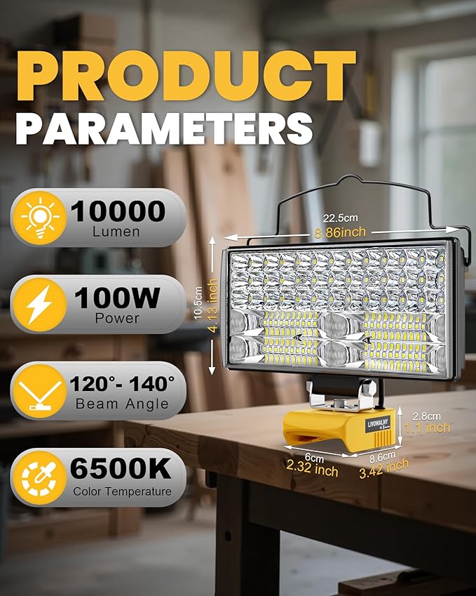 LIVOWALNY 100W LED Work Light Compatible with Dewalt Battery, 2PCS 10000LM Flashlight with USB A & USB C Output Port Low Voltage Protection, Portable Floodlight for Camping, Emergency, Outdoor Lights