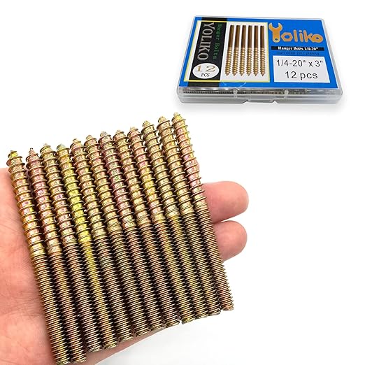 12 Pack 1/4-20 x3 Inch Hanger Bolts 1/4-20" Double Headed Bolts 1/4 Wood Dowel Screw Self-Tapping Screw Hanger Bolts for Furniture Double Head Threaded Rods Bolt 76.2mm Length