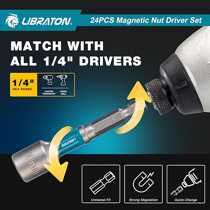 LIBRATON 24PCS Magnetic Nut Driver Set, Impact Drill Driver Bit Set 1/4", Metric and SAE Nut Drivers for Impact Drill, Impact Socket Adapters, Bit Holder, Screwdriver Bits, with Toolbox