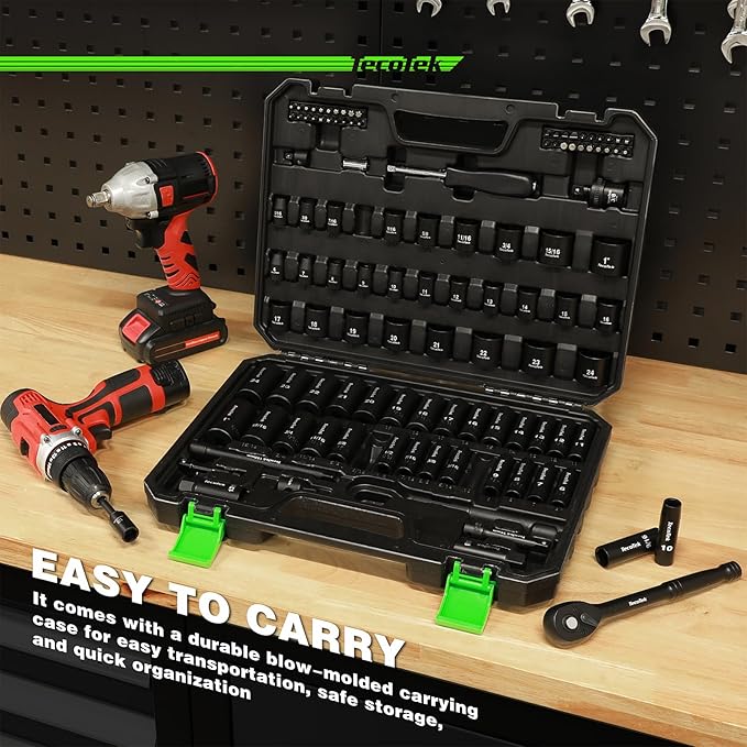 3/8" Drive Impact Socket Set, 109-Piece SAE (5/16"-1") and Metric (6mm-24mm), Deep & Shallow, 6 Point, Adapters, Ratchet Handle, Screwdriver Bit Set, Spark Plug Socket