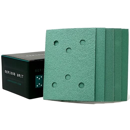 Serious Grit - 3" x 4" 6-Hole Assorted Grit Sanding Sheets - 80, 120, 150, 180, 220 Grit (10 of Each) - Fits Surfprep, Uneeda Ekasand, Mirka DEOS 343 - Sandpaper for 3x4 Sheet Sanders - 50 Pack Box